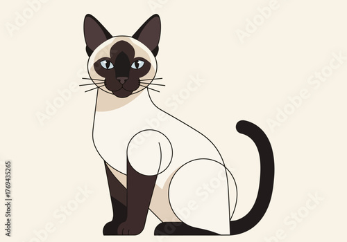 Graceful Siamese cat vector illustration, with classic cream fur, dark points, and bright blue eyes, depicted in a calm sitting pose with clean, artistic lines