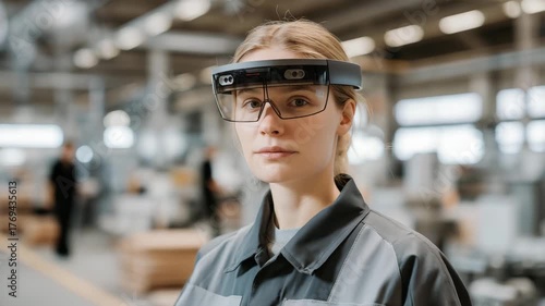 Factory worker wearing AR headset performing industrial safety training in digital simulation, emotion of focus visible, representing augmented reality education, smart manufacturing, and AI