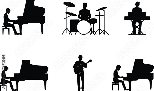 Musician silhouette, instrument pose, piano player, drum set, guitar stance, black graphic, vector illustration, music icon, performance, soundMusician silhouette, instrument pose,