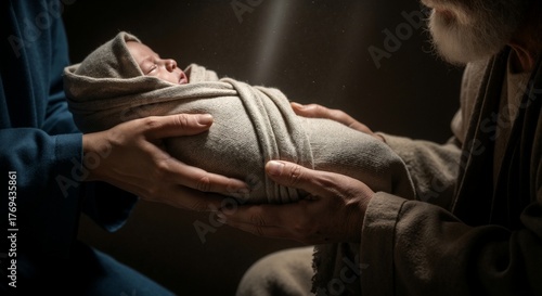A newborn baby passed between hands in a sacred biblical scene. The swaddled infant illuminated by a holy light in a depiction of a bible story