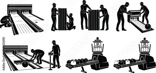 Silhouette vector illustration of workers assembling and operating bowling alley with pins, balls, conveyor system, teamwork, safety, recreation, and industry