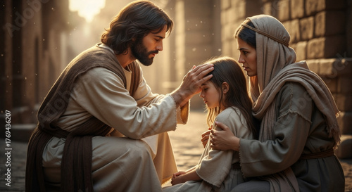 Jesus Christ blessing a young girl with her mother in a biblical scene. A depiction of faith, healing, and compassion from the New Testament. A spiritual miracle in an ancient city