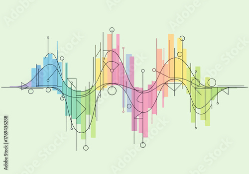Abstract sound wave with colorful bars and connecting dots, representing audio visualization and digital music technology