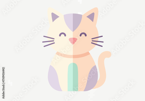 A cute, stylized illustration of a light-colored cat with purple and green accents, sitting and looking forward with a gentle smile.