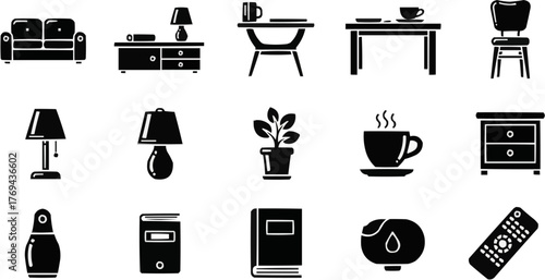 A dedicated set of vector icons focusing on common indoor furniture and small accessories. Includes sofas, desks, chairs, lamps, plants, books, coffee cups, a humidifier, and a remote control.
