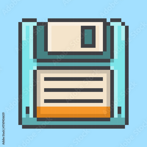 Iconic retro floppy disk designed in a classic 8-bit pixel art style. This illustration of a vintage computer storage medium is a perfect symbol for saving data, old technology, and nostalgia