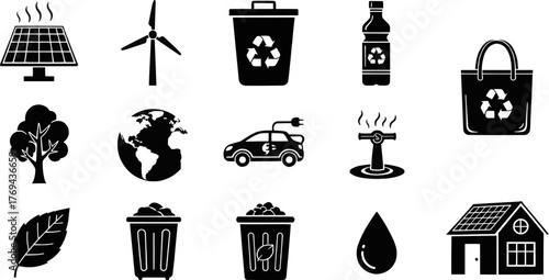Vector icon collection on ecology, environmental protection, and waste management. Includes symbols for solar energy, wind power, recycling bins, electric car, earth, and water.