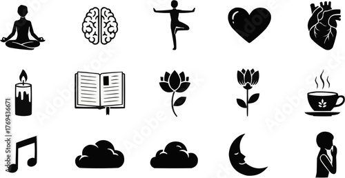 Vector icon set focusing on relaxation, leisure, and daily comforts. Includes books, candles, flowers, coffee, music notes, clouds, moon, and a figure in repose. Suitable for lifestyle.