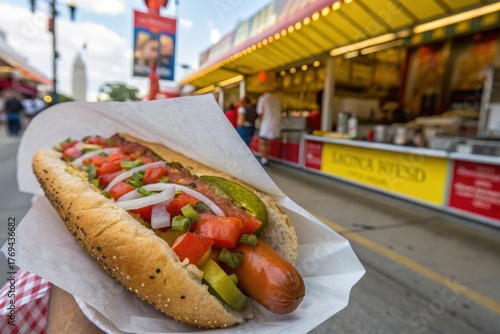 Closeup of a delicious hot dog with toppings at the state fair in summer