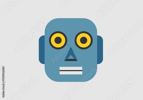 Retro robot face with yellow eyes and a neutral expression, flat design illustration