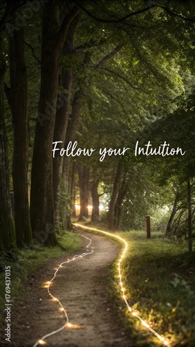 A winding forest path with glowing light leading through the trees