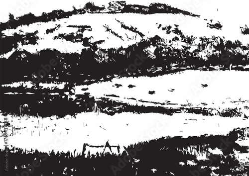 Black and white landscape of rolling hills and serene water under a cloudy sky at midday