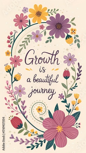 An inspirational quote about growth with a floral frame