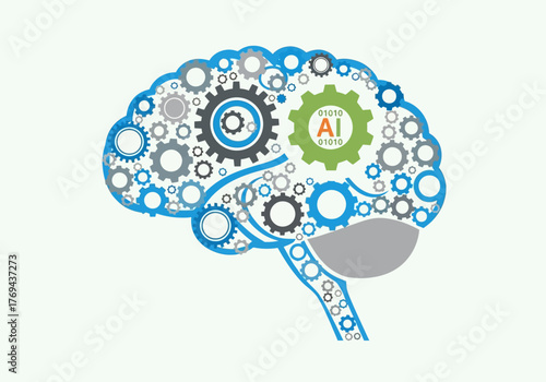 Conceptual illustration of a brain composed of gears, symbolizing artificial intelligence and technological innovation.