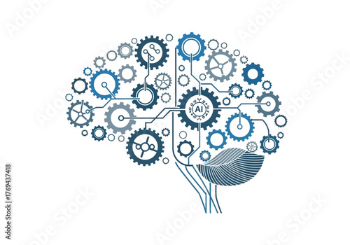 Stylized brain illustration with gears and circuit board elements.