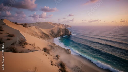 Golden Sand Dunes and Ocean Waves at Sunset