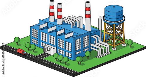 Modern industrial factory complex with water tower and surrounding greenery
