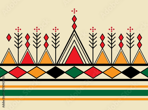 Al Qatt Al Asiri vector art inspired by traditional female wall decorations from Asir, Saudi Arabia. Features bright geometric patterns symbolizing culture, unity, and family heritage.