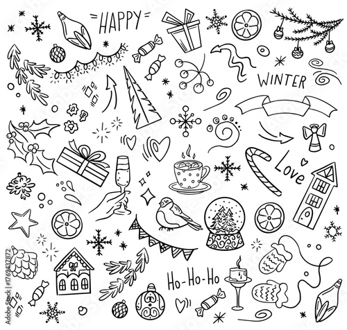 Hand-drawn winter doodle set Christmas gifts, snowflakes, mittens and festive decor. Cozy holiday elements for greeting cards, wrapping paper, posters or seasonal designs. Vector illustration isolated