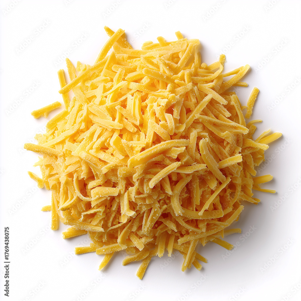 Fototapeta premium Grated cheese explosion: An inviting pile of golden, shredded cheese, with a delicious texture. Perfect for food related project and culinary artwork.