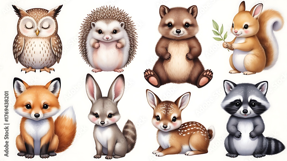 Fototapeta premium Adorable watercolor forest animals collection featuring owl hedgehog bear squirrel fox rabbit fawn and raccoon