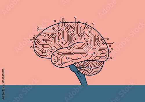 Illustration of a human brain depicted as a complex electronic circuit board against a pink background.