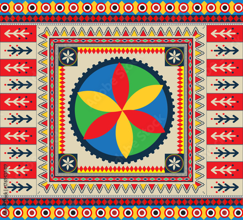 Najd-inspired design featuring palms, sun rays, and mountains from central Saudi Arabia. This cultural pattern is perfect for traditional clothing, welcoming doors, and authentic Saudi heritage.