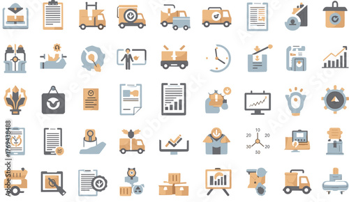 Logistics and Supply Chain Management Flat Icon Set: Shipping, Inventory, and Delivery Service VectorHand-Drawn Business, HR, and Medical Document Doodle Icon Set: Sketch Vector Collection