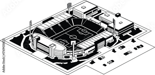 Isometric stadium illustration with soccer field and surrounding buildings