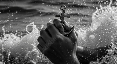 Hands holding a cross anchor in turbulent water. Christian symbol of faith, hope, and salvation. Black and white conceptual image of struggle and perseverance