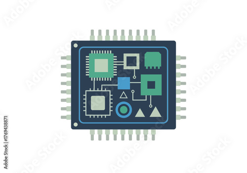 A stylized illustration of a computer microchip with various components and pins.