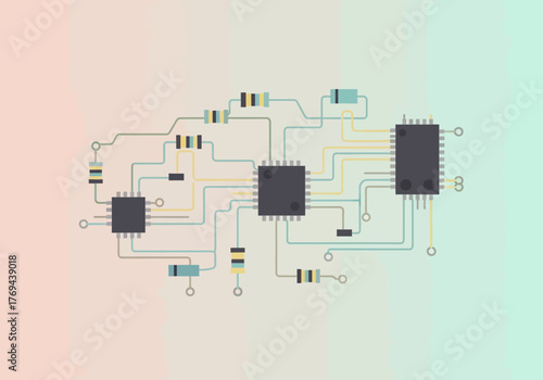 An intricate illustration of a circuit board with various electronic components and connections.