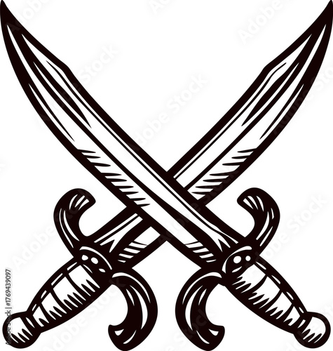 Vintage engraved illustration of two crossed swords with decorative hilts isolated on white background