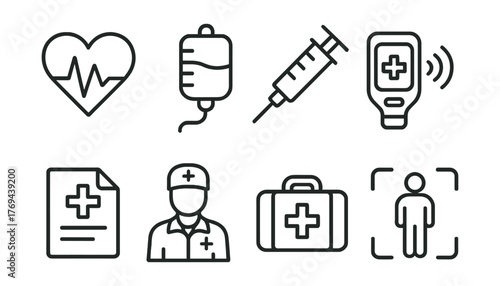 Set of medical icons including a heart, syringe, and a stethoscope