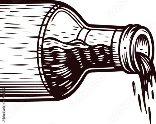 Hand drawn glass bottle pouring liquid vintage engraved black and white illustration isolated on white