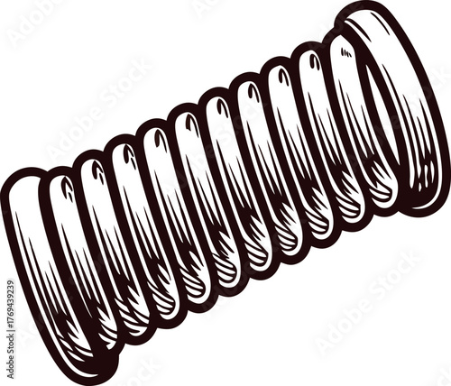 Vintage hand drawn helical metal coil spring isolated on white background illustration in retro engraving