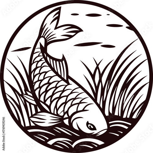 Traditional engraved koi carp illustration in circular frame with aquatic plants and water ripples on white background