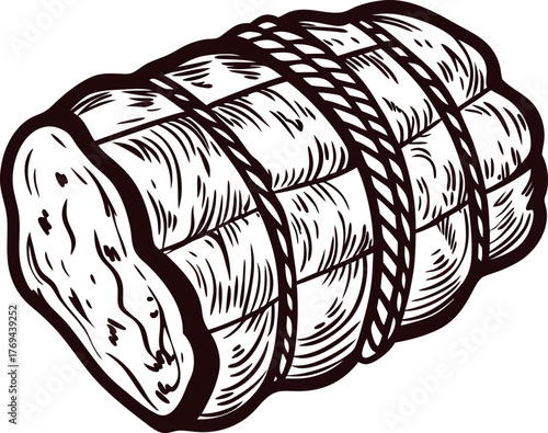 Rustic hand drawn rolled ham illustration with rope in vintage engraving isolated on white background