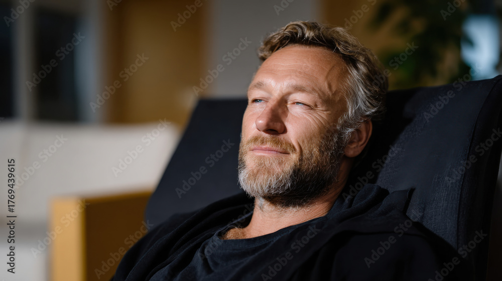 Fototapeta premium This image showcases a relaxed man with a serene expression, capturing a moment of tranquility and confidence in a stylish modern setting.