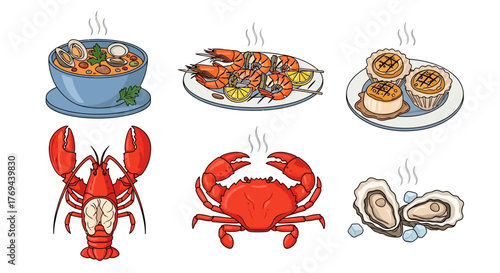 Colorful cartoon vector set of seafood and bowl illustration