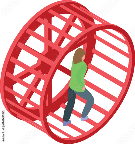 Businesswoman running inside hamster wheel, representing repetitive work, overwork and routine