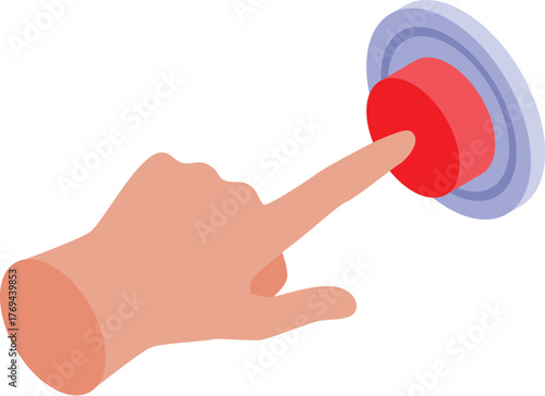 Finger pressing panic button, activating alarm system in isometric view