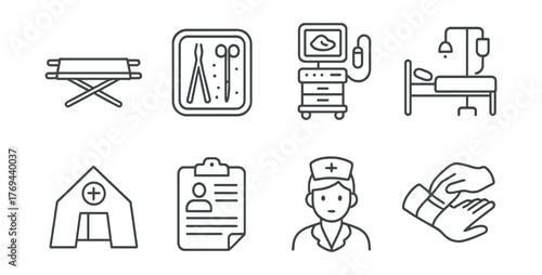 Set of medical icons including a hospital bed, a nurse, a doctor