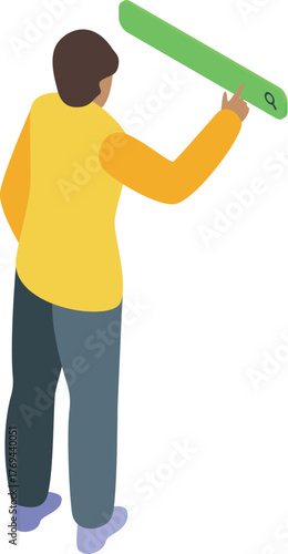 Isometric view of a young man using a search bar, searching information online