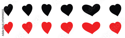 Isolated Red and Black love heart icon set on white background. Modern hand-drawn valentines love icon set.  Abstract graphical doodle love icon drawing. Hand made graphical heart icons. EPS 10. 