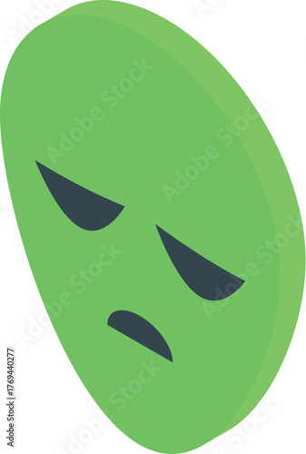 Isometric projection of a sad green alien face showing displeasure