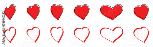 Vintage hand-made abstract heart icons set on isolated page. Modern graphical outline heart set. EPS 10. 