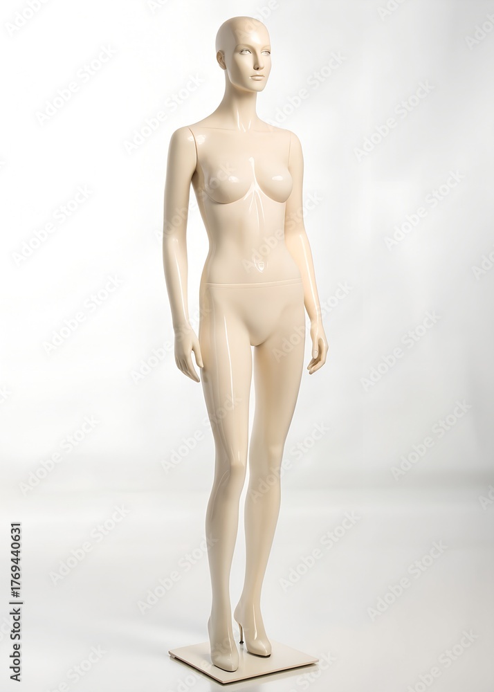 Fototapeta premium Front view of a nude woman, pale-skinned plastic figurine standing upright. white background