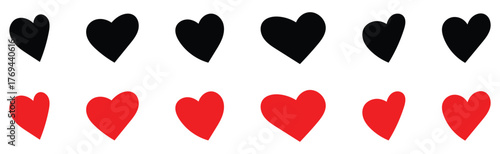  Abstract graphical doodle love icon drawing. Isolated Red and Black love heart icon set on white background. Modern hand-drawn valentines love icon set. 