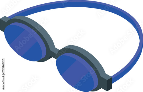 Blue swimming goggles with gray frame protecting eyes while swimming, isometric view